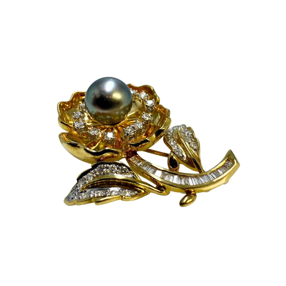 18K Tahitian Pearl & Diamond Flower Brooch