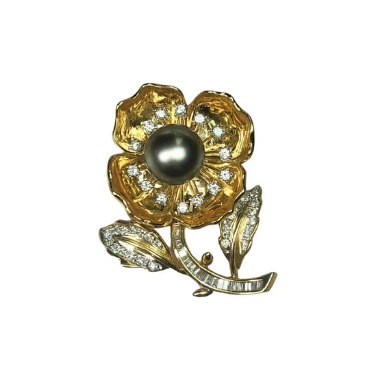 18K Tahitian Pearl & Diamond Flower Brooch