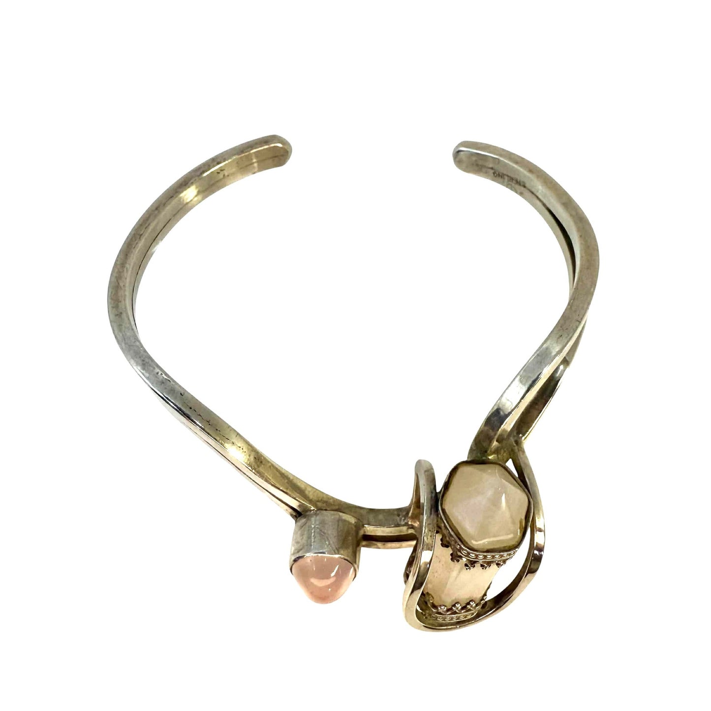 Modernist Sterling Silver Quartz Point and Rose Quartz Cuff Bracelet
