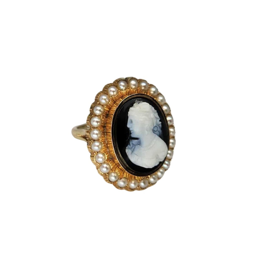14K Georgian Cameo & Seed Pearl Ring of Historical Importance