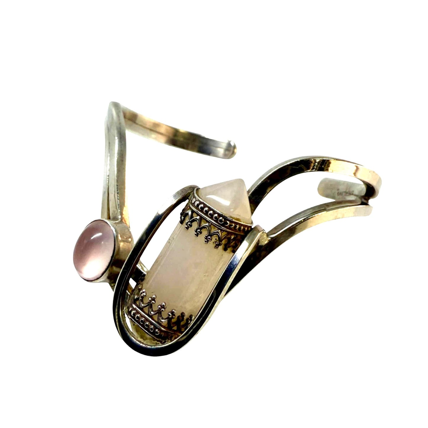 Modernist Sterling Silver Quartz Point and Rose Quartz Cuff Bracelet