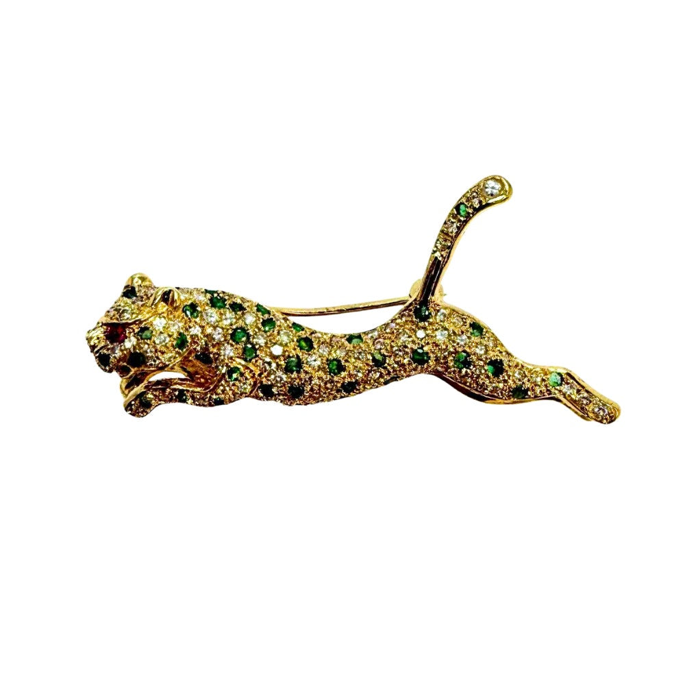 18K Emerald, Ruby, & Diamond Panther Brooch