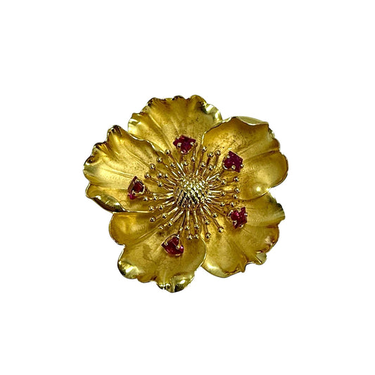 Exquisite 18K Floral Ruby Retro Brooch