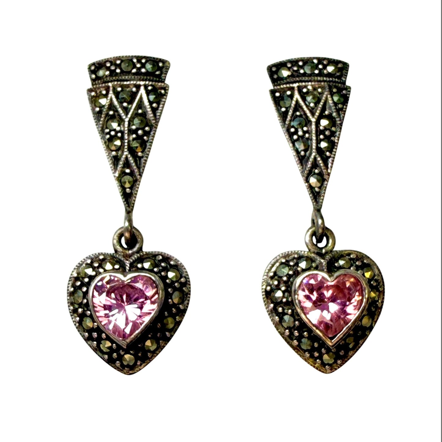 Sterling Silver, Marcasite, & Pink Heart CZ Drop Earrings