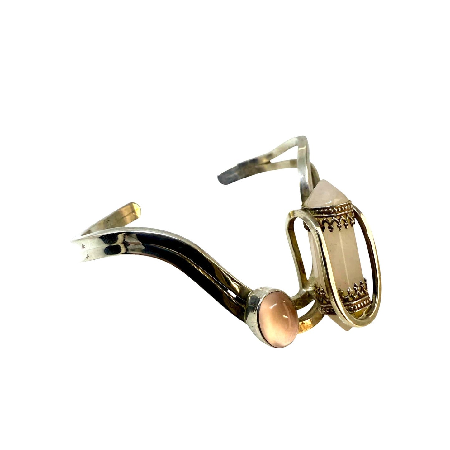 Modernist Sterling Silver Quartz Point and Rose Quartz Cuff Bracelet