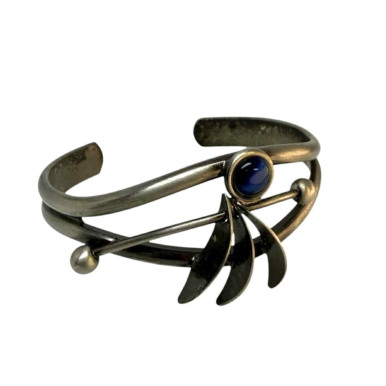 Modernist MCM Artist Blue Cat's Eye Crystal Cuff Bracelet
