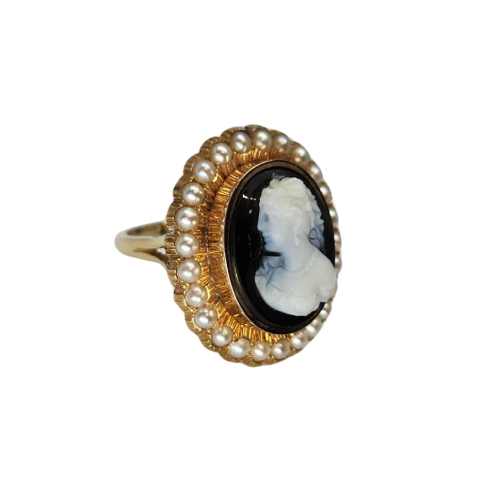 14K Georgian Cameo & Seed Pearl Ring of Historical Importance
