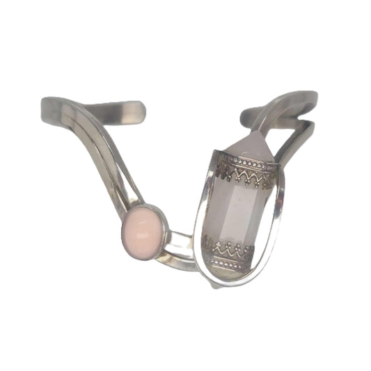 Modernist Sterling Silver Quartz Point and Rose Quartz Cuff Bracelet