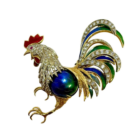 18K Garavelli Diamond, & Ruby Rooster Brooch